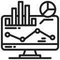 Data analysis on computer screen icon.